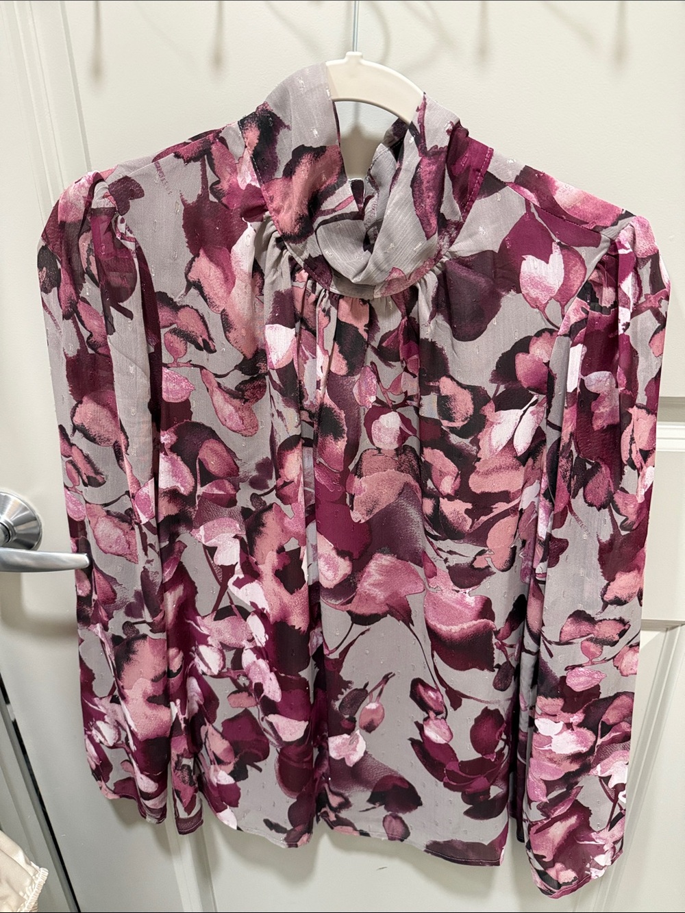 Calvin Klein High-Neck Floral Blouse in Gray, Burgundy and Pink